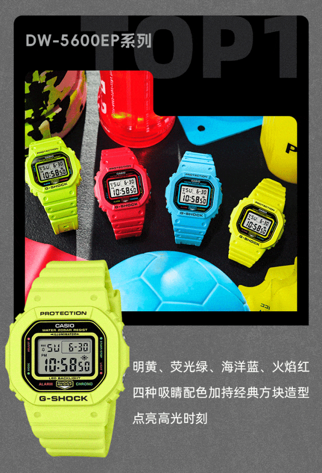 DW-5600EP系列 明黄、荧光绿、海洋蓝、火焰红，四种吸睛配色加持经典方块造型，点亮高光时刻