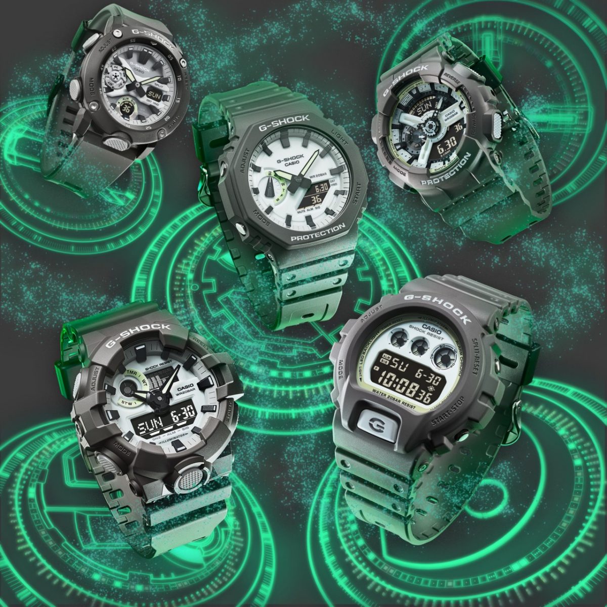从右上角顺时针：GA-110HD-8A、DW-6900HD-8、GA-700HD-8A、GA-2000HD-8A、GA-2100HD-8A #6