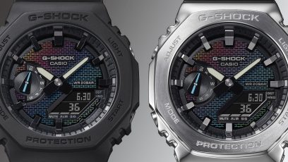 GA-2100RW-1A 表盘上的五彩砖块图案是采用了彩虹色渐变沉积工艺、激光蚀刻和彩虹色印刷的组合实现的。  #3