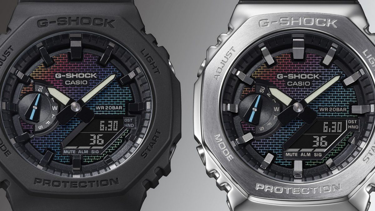 GA-2100RW-1A 表盘上的五彩砖块图案是采用了彩虹色渐变沉积工艺、激光蚀刻和彩虹色印刷的组合实现的。  #3